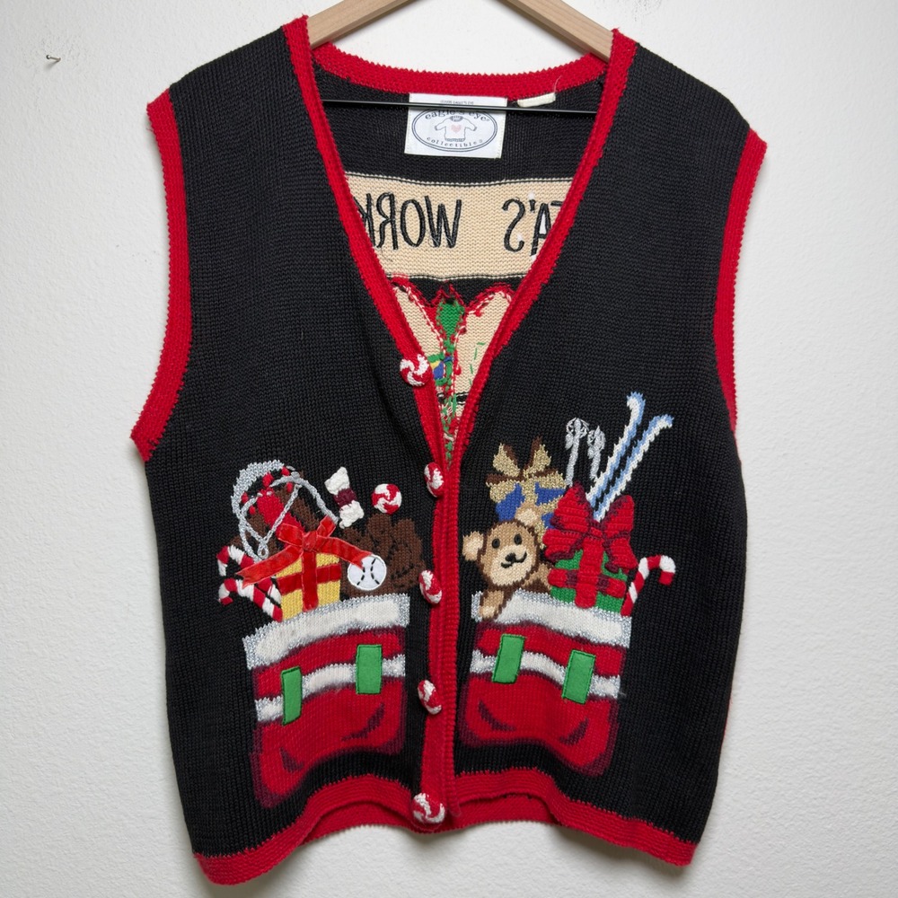 VTG '95 Eagle's Eye Women Sweater Vest Black Santa's Workshop Christmas Holiday